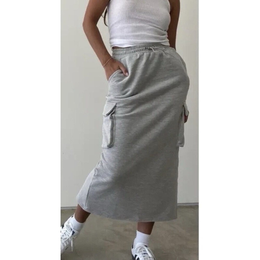 Salty Women's M Gray Terry Cargo Midi Skirt Pockets